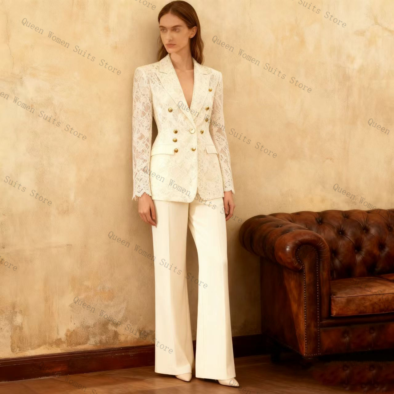 Women'S Formal Jackets To Wear With Dresses - White Lace Women Suit Pants Set