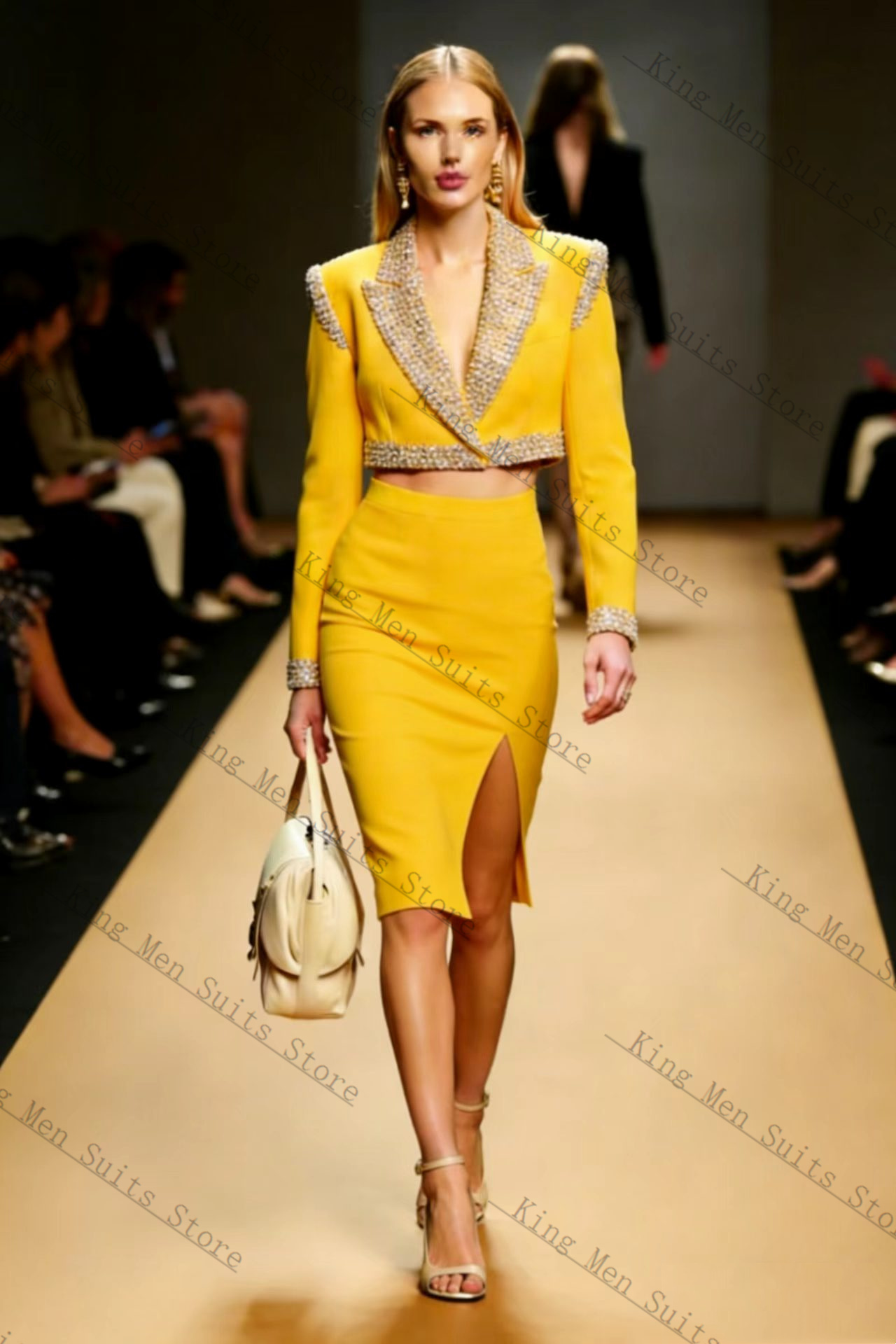 Women'S Formal Jackets To Wear With Dresses - Yellow Crystals Women Suit Skirt Set